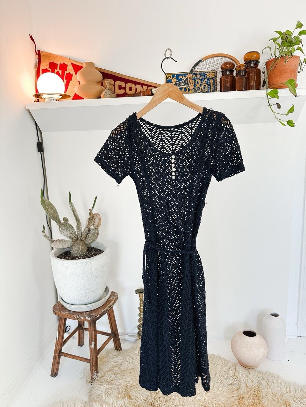 Vintage Knit Dress With Faux Pearls Coverup Dress 90s Medium